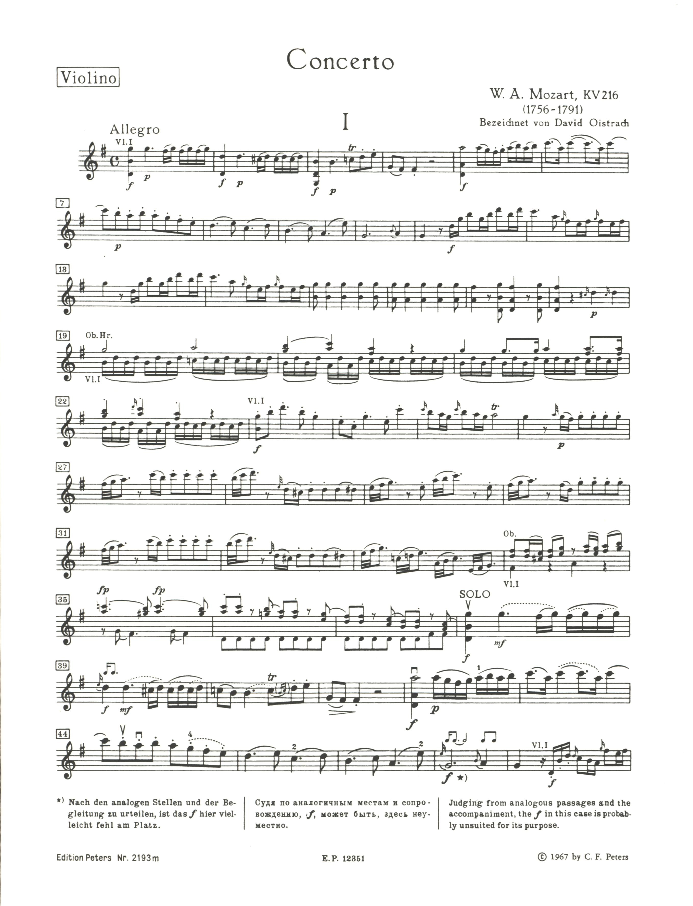 Mozart: Violin Concerto No. 3 in G Major, K 216 – Edition Peters